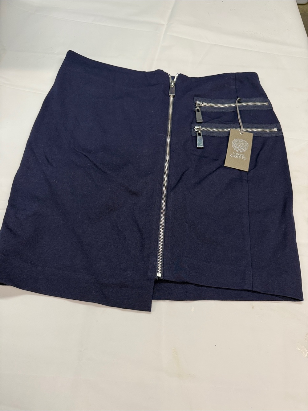 Vince Camuto Navy Midi Skirt with Front Zippers